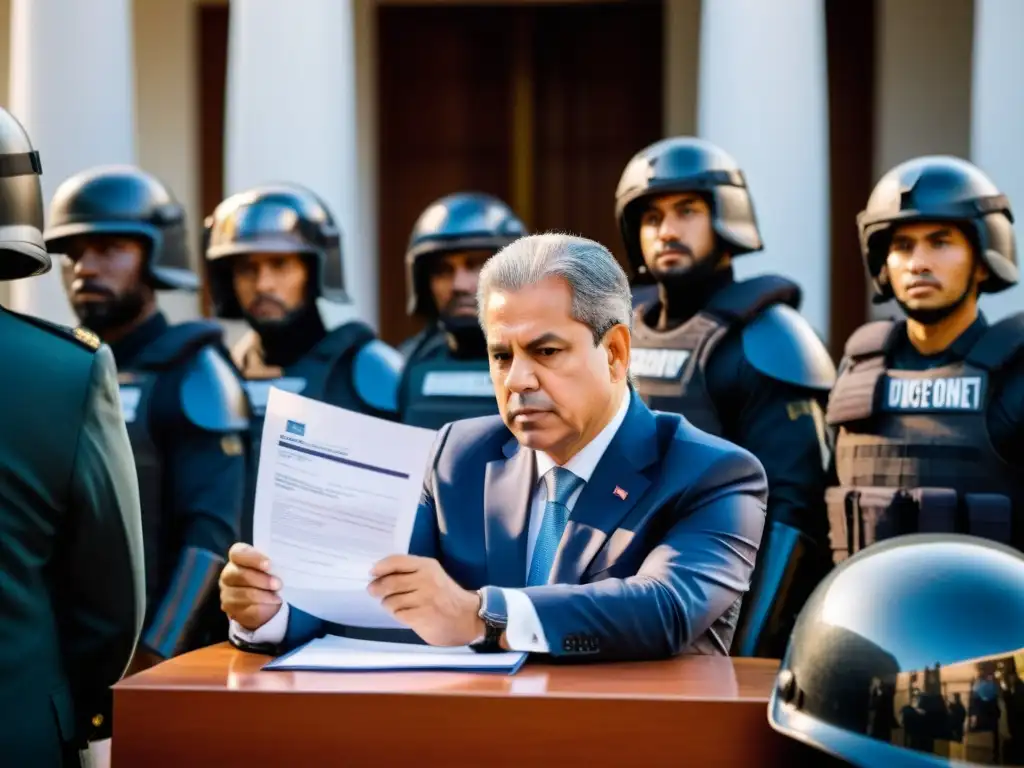 Oficial firmando documento rodeado de guardias y manifestantes en evento de nacionalizaciones y confiscaciones gobiernos de facto en Sudamérica