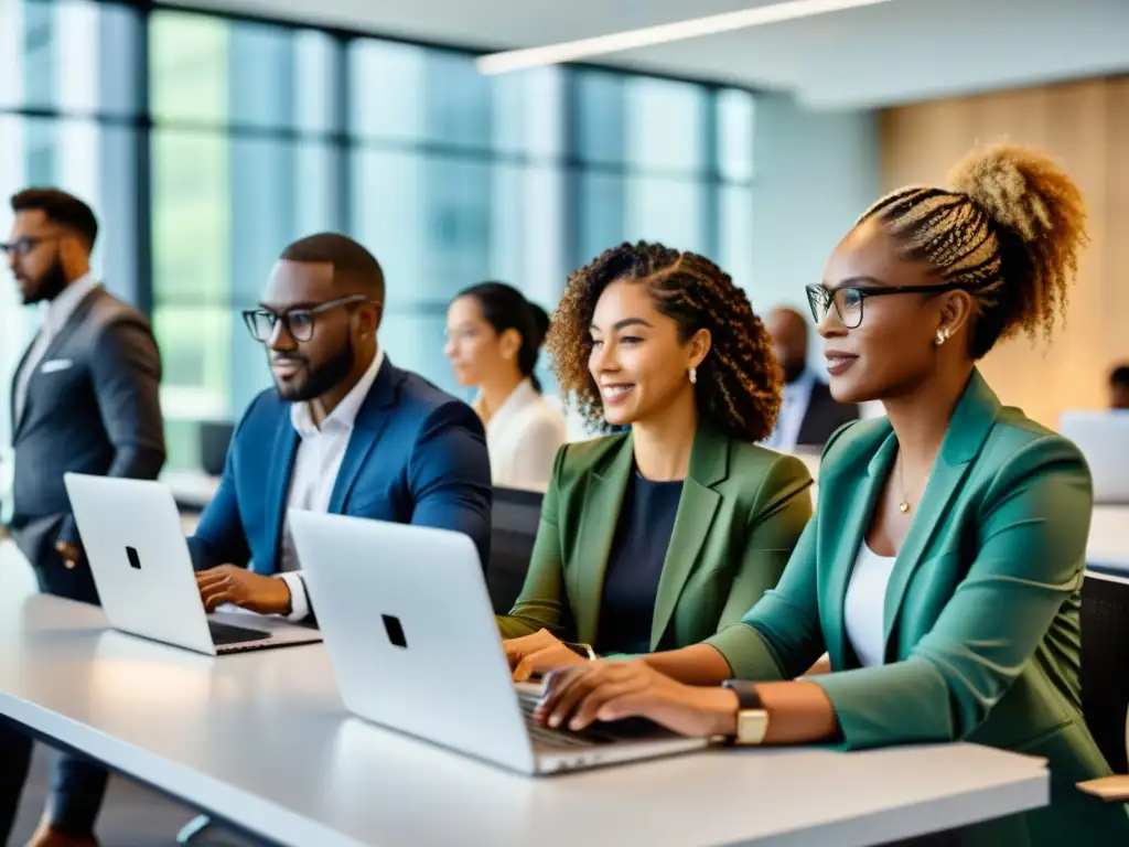 Una oficina moderna y diversa, reflejando la colaboración y diversidad en el trabajo