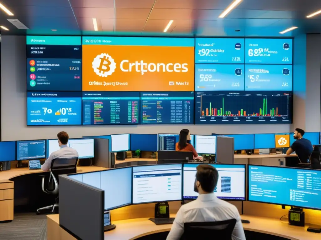 Oficina moderna con empleados y datos de criptomonedas en tiempo real Oficina moderna con empleados trabajando y datos de criptomonedas en pantalla, reflejando el impacto de las criptomonedas en las relaciones laborales