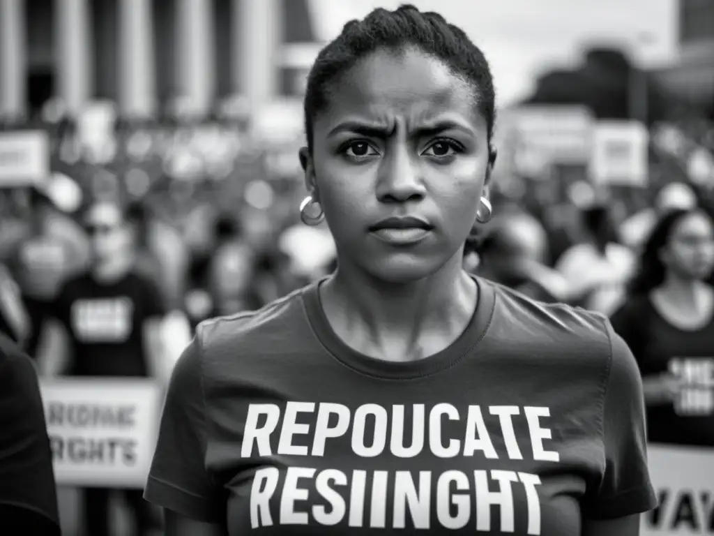 Determinación en los ojos de una mujer refleja lucha por la evolución de derechos reproductivos mujer global en medio de una marcha de protesta