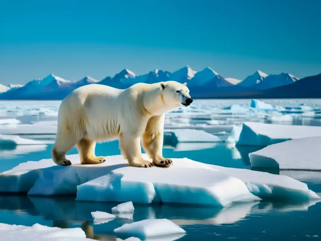 Un oso polar atrapado en un bloque de hielo derretido, con un vasto mar y glaciares de fondo