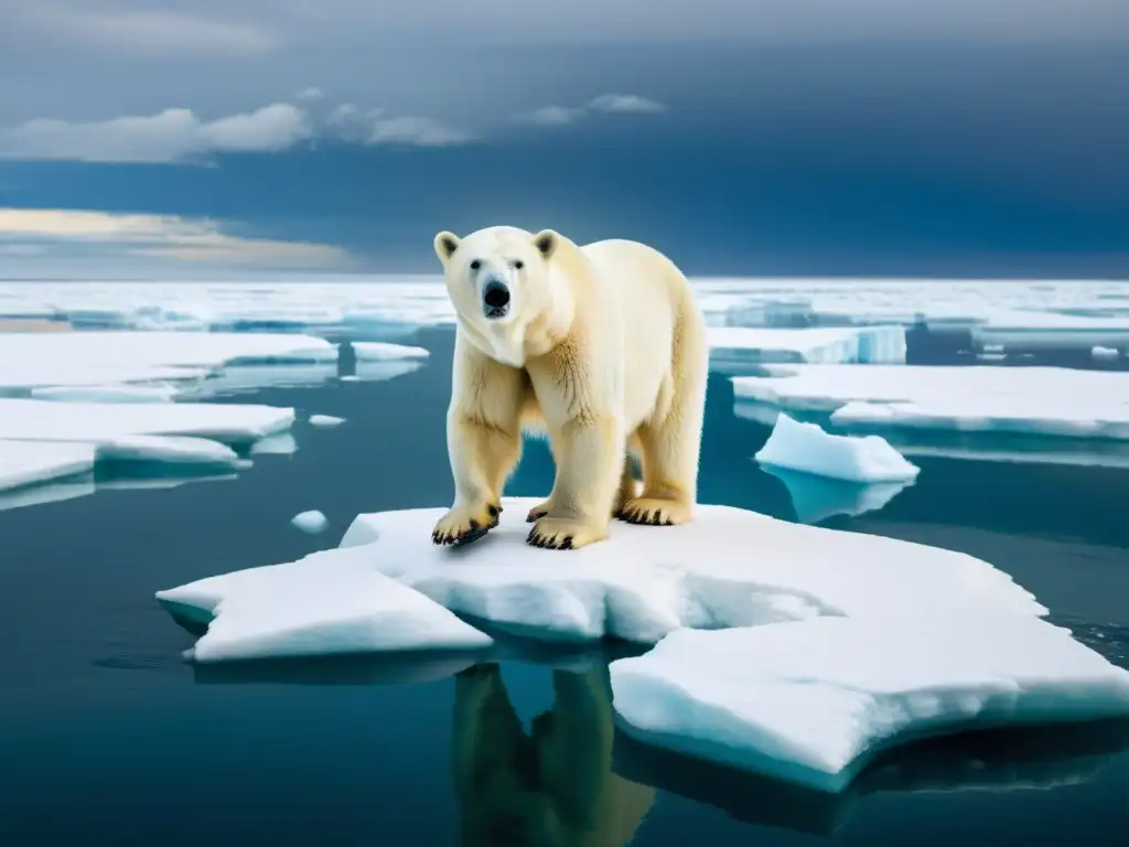 Un oso polar atrapado en un témpano de hielo derretido, reflejando el impacto del cambio climático en el derecho a la vida