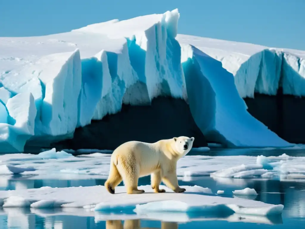 Un oso polar en una banquisa derretida, ojos oscuros transmiten vulnerabilidad