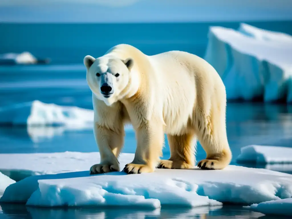 Un oso polar desolado en un pequeño bloque de hielo derretido, reflejando la crisis climática y biodiversidad global