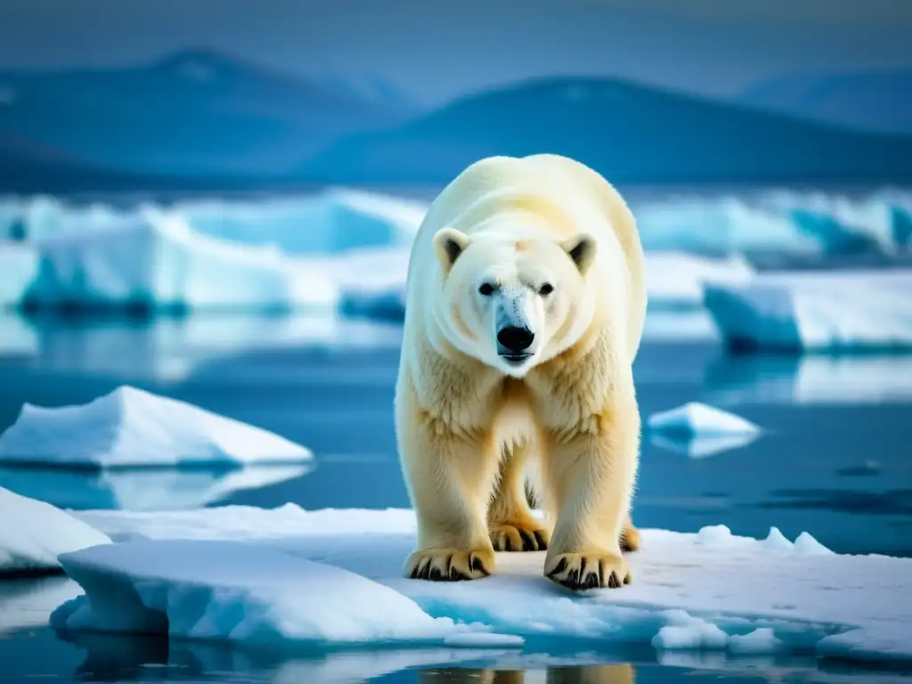 Un oso polar determinado, su pelaje brillante, sobre un témpano de hielo frágil