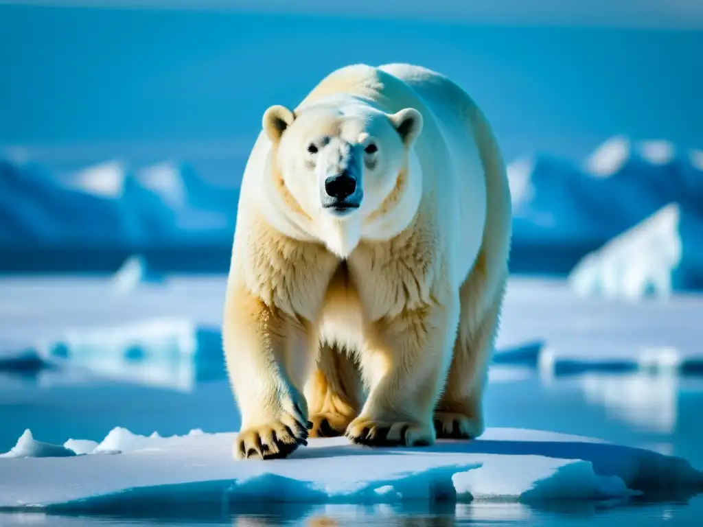 Un oso polar empapado en un iceberg derretido, con ojos de urgencia y vulnerabilidad, en un paisaje ártico vasto y helado