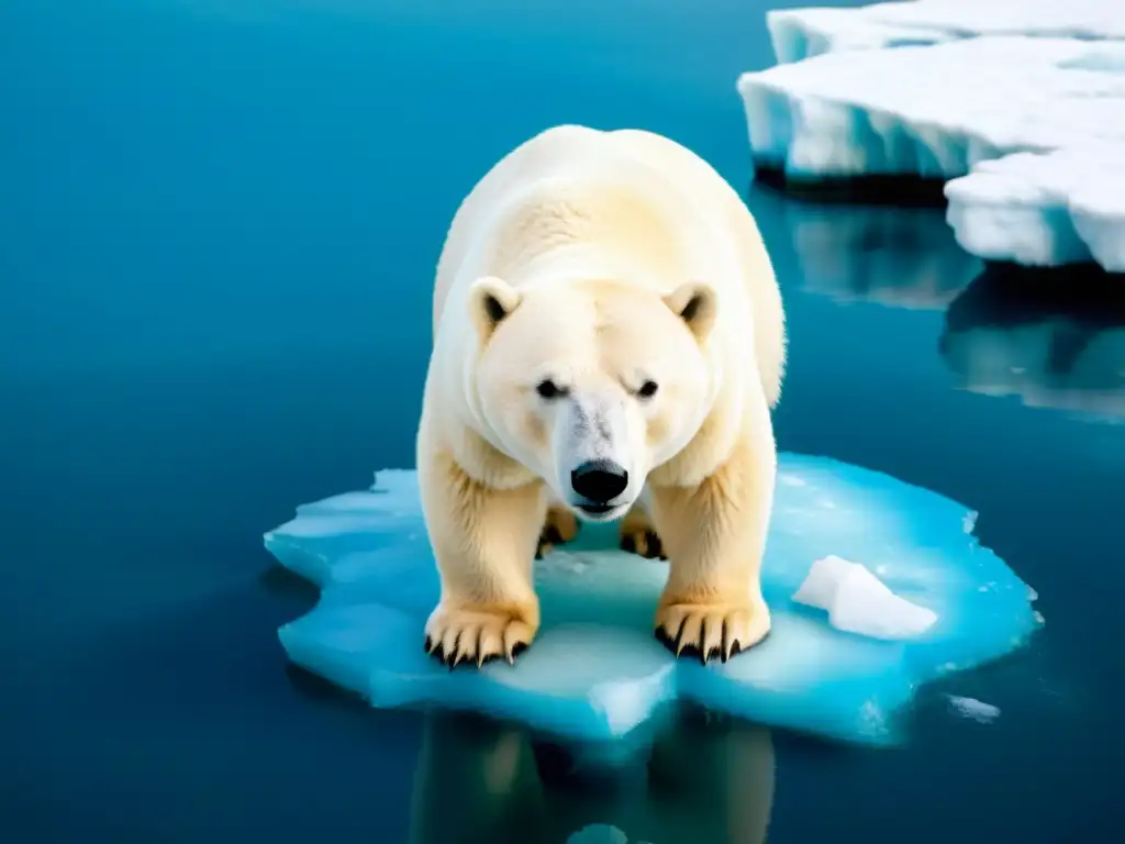 Un oso polar con expresión de dolor sobre una banquisa derretida, rodeado de agua azul y fragmentos de hielo