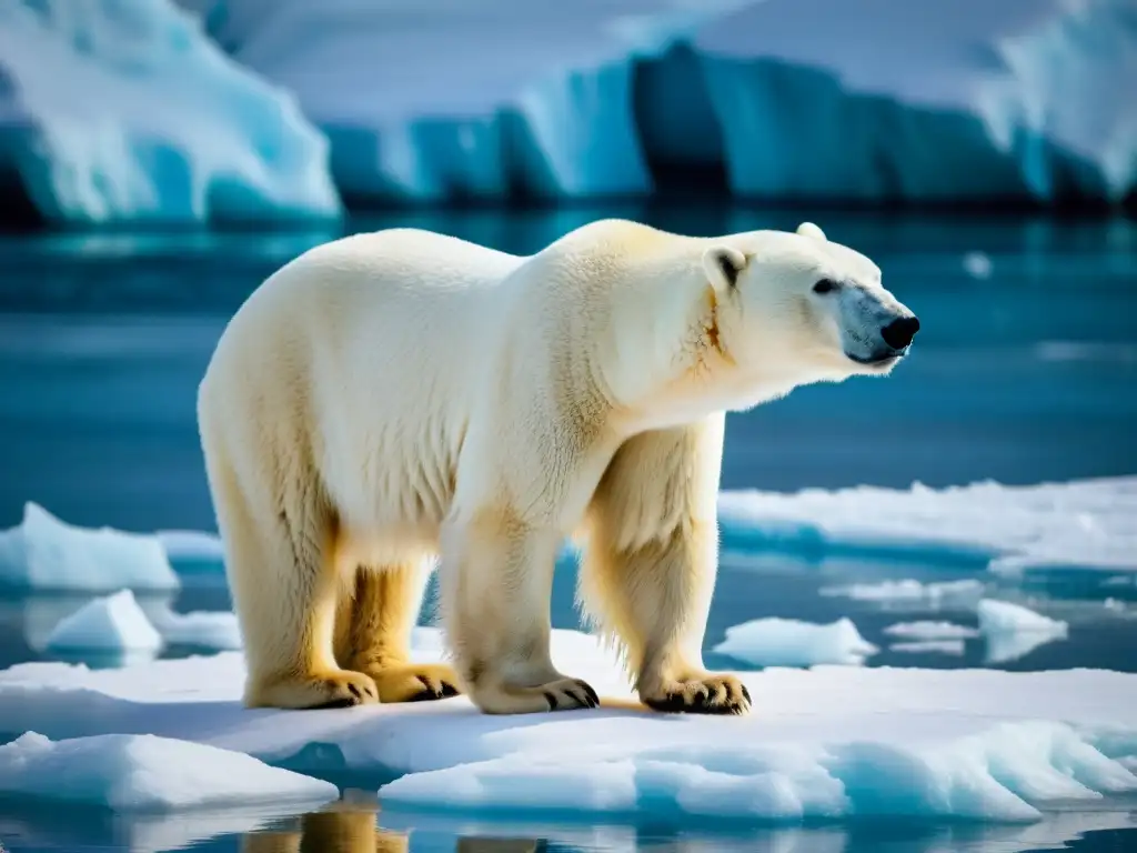 Un oso polar con expresión de dolor observa un bloque de hielo derretido