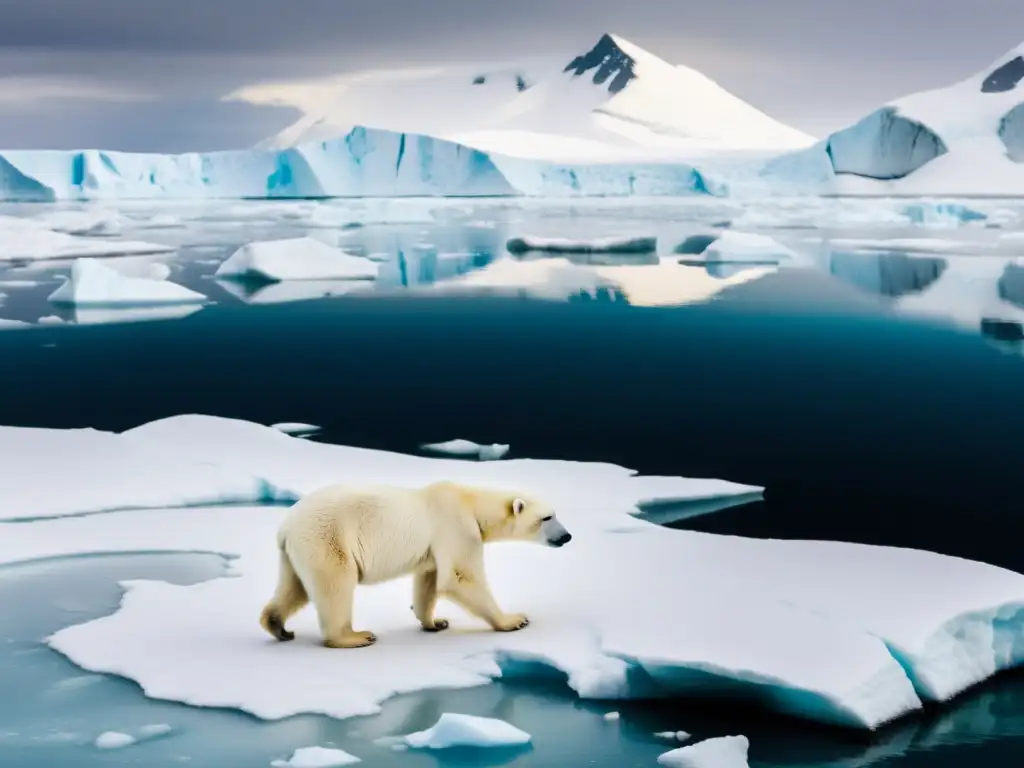 Un oso polar frente a un glaciar en deshielo en el Ártico, simbolizando la urgencia de la legislación internacional derechos ambientales