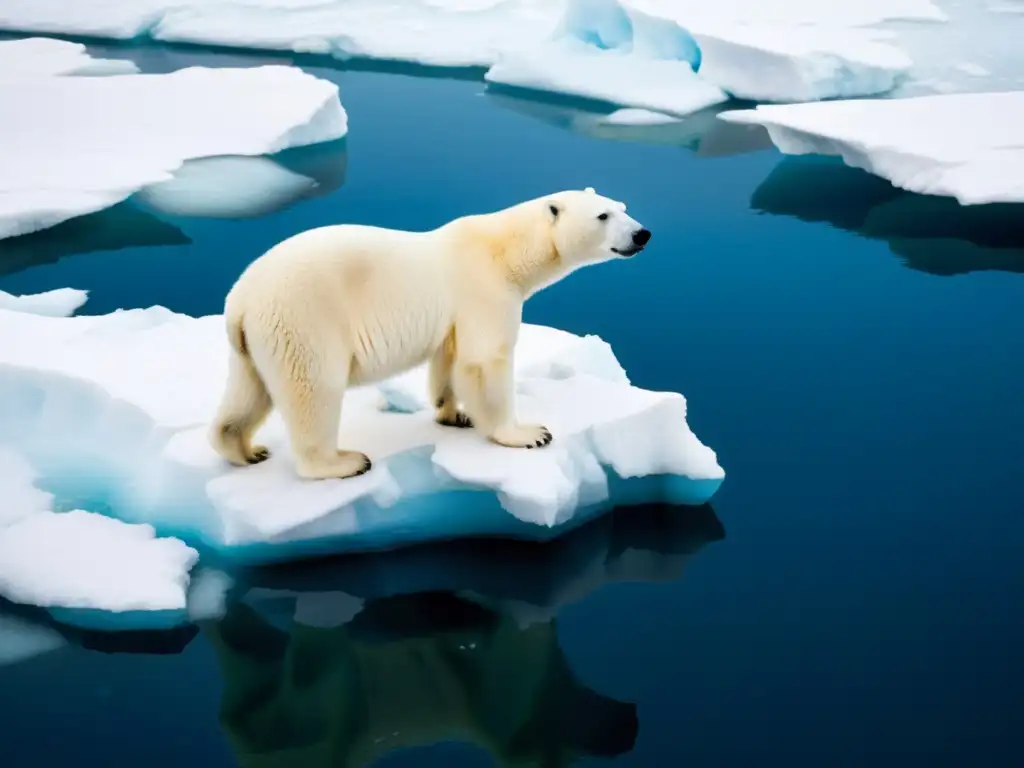 Un oso polar en un iceberg derritiéndose, refleja la crisis climática y biodiversidad global con su mirada triste