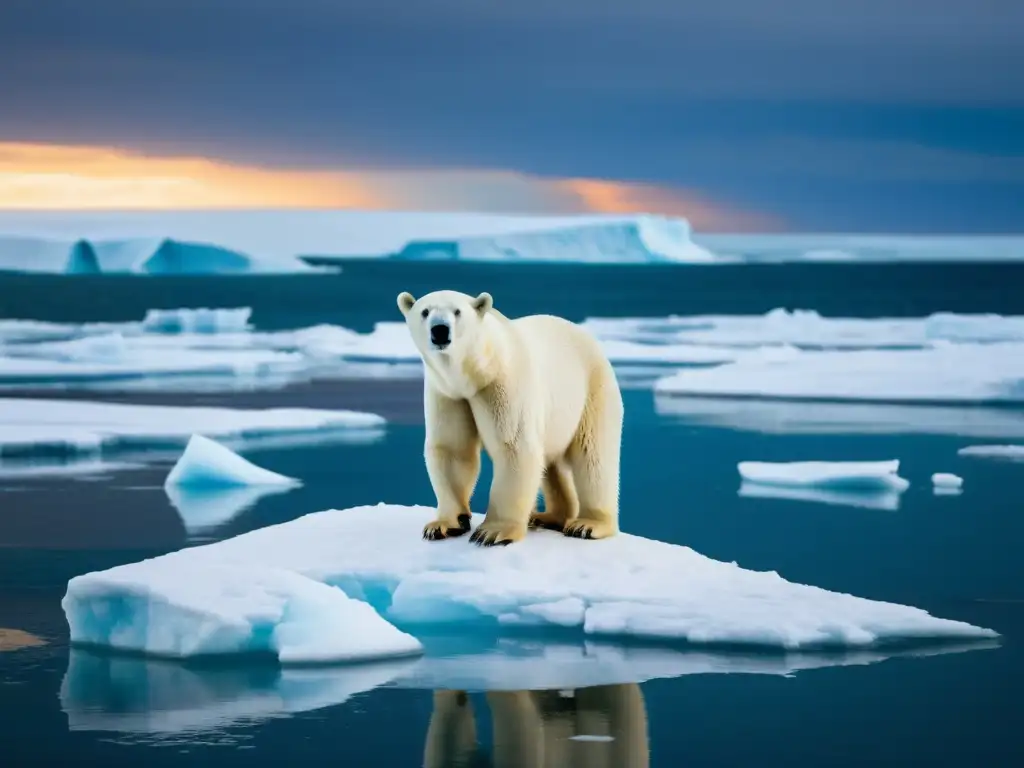 Un oso polar solitario en un témpano de hielo derretido, refleja la vulnerabilidad y el aislamiento