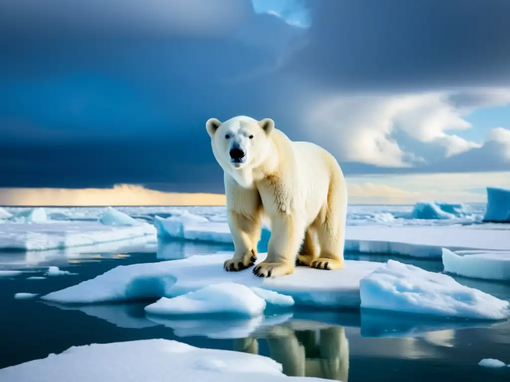 Un oso polar luchando en un témpano de hielo derretido, reflejando el impacto del cambio climático en la biodiversidad