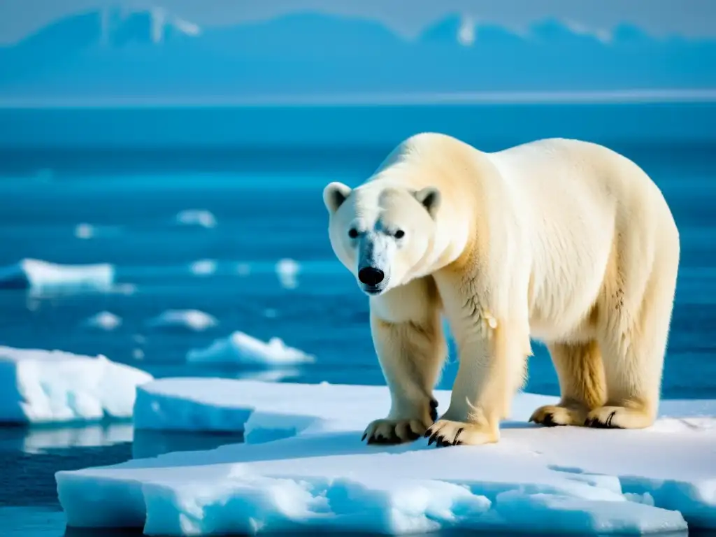 Un oso polar en un témpano de hielo derritiéndose, reflejando el impacto del cambio climático en la naturaleza