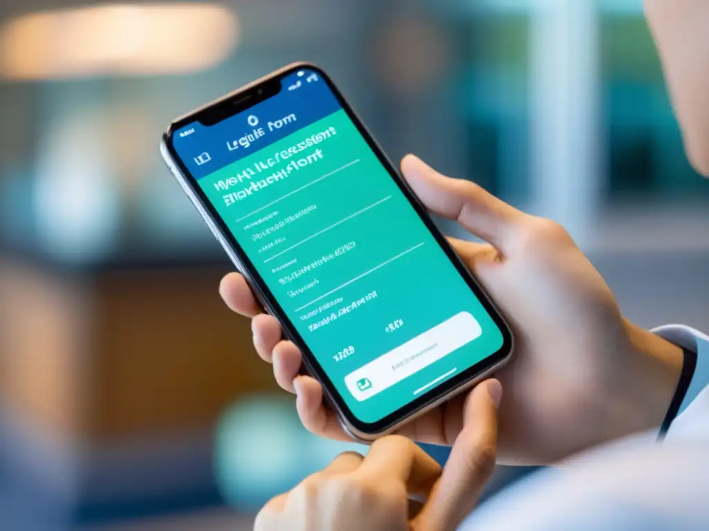 Consentimiento médico digital: mano sostiene smartphone Un paciente firma un formulario de consentimiento digital mientras un médico y un paciente conversan en un entorno clínico moderno y bien iluminado