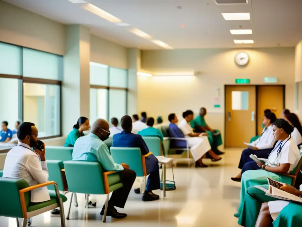 Diversos pacientes en una sala de espera hospitalaria urbana, con trabajadores de la salud atareados