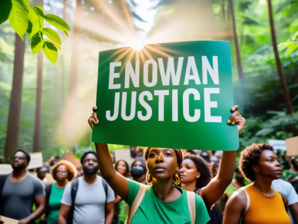 Manifestación pacífica por Acceso a la justicia ambiental en un bosque exuberante y soleado