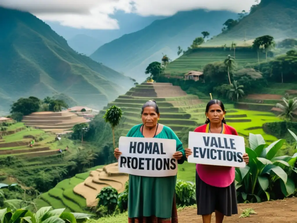 Manifestación pacífica de agricultores guatemaltecos contra desalojos, luchando por derechos humanos y preservación de tierras en Guatemala