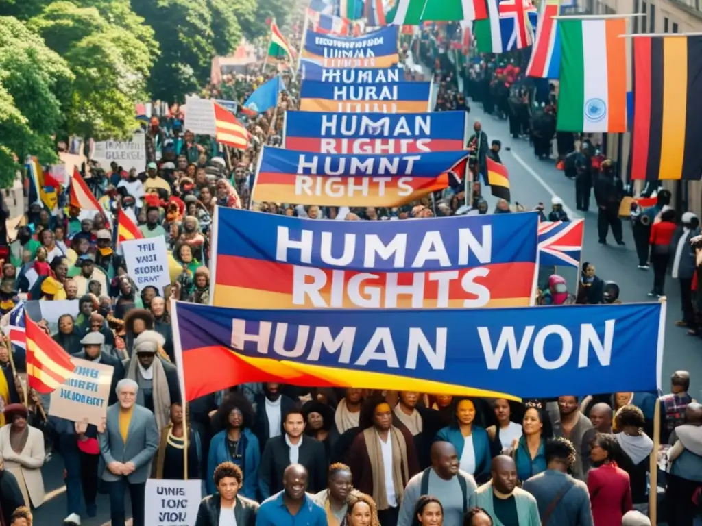 Manifestación pacífica en la calle de una ciudad diversa, con personas de distintos orígenes sosteniendo pancartas por los derechos humanos globales