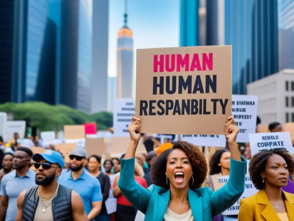 Manifestación pacífica en la ciudad, gente diversa con pancartas exigiendo responsabilidad social empresarial y derechos humanos