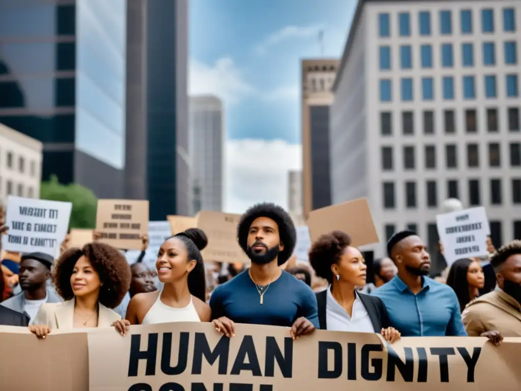 Manifestación pacífica en la ciudad con pancartas sobre la dignidad humana: debates contemporáneos, expresando unidad y determinación