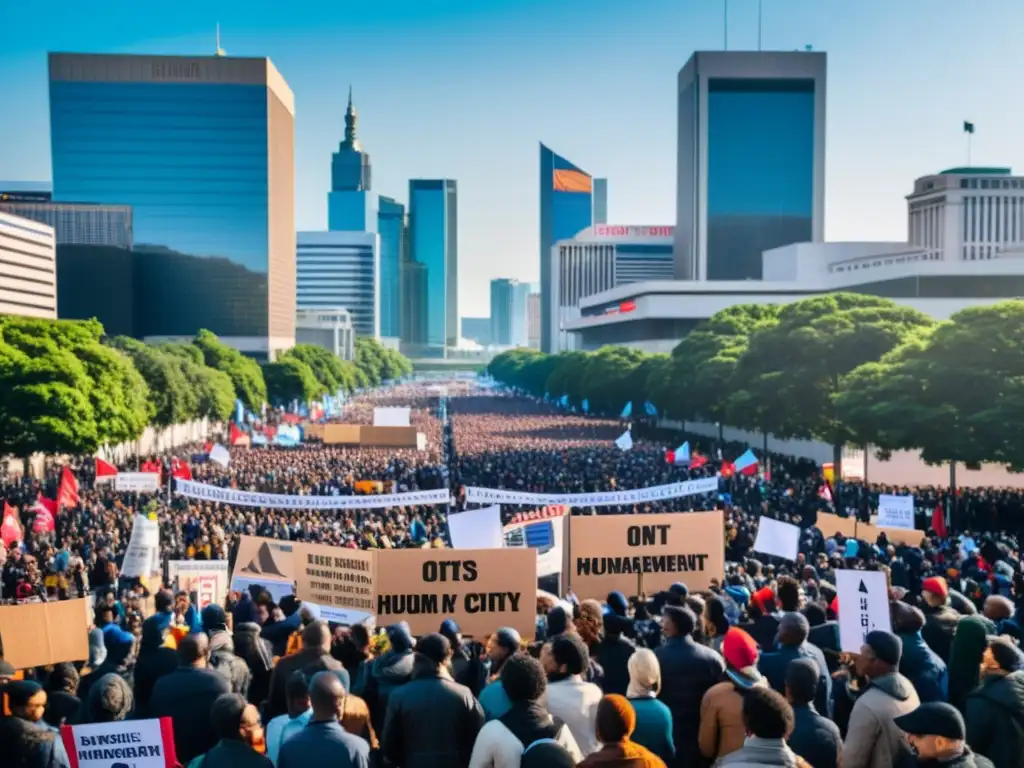 Manifestación pacífica en la ciudad por la privacidad y derechos humanos, con letreros