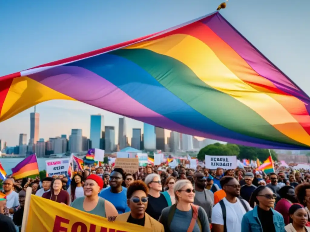 Manifestación pacífica de la comunidad LGBTIQ+ por sus derechos, con pancartas coloridas, en el fondo la ciudad