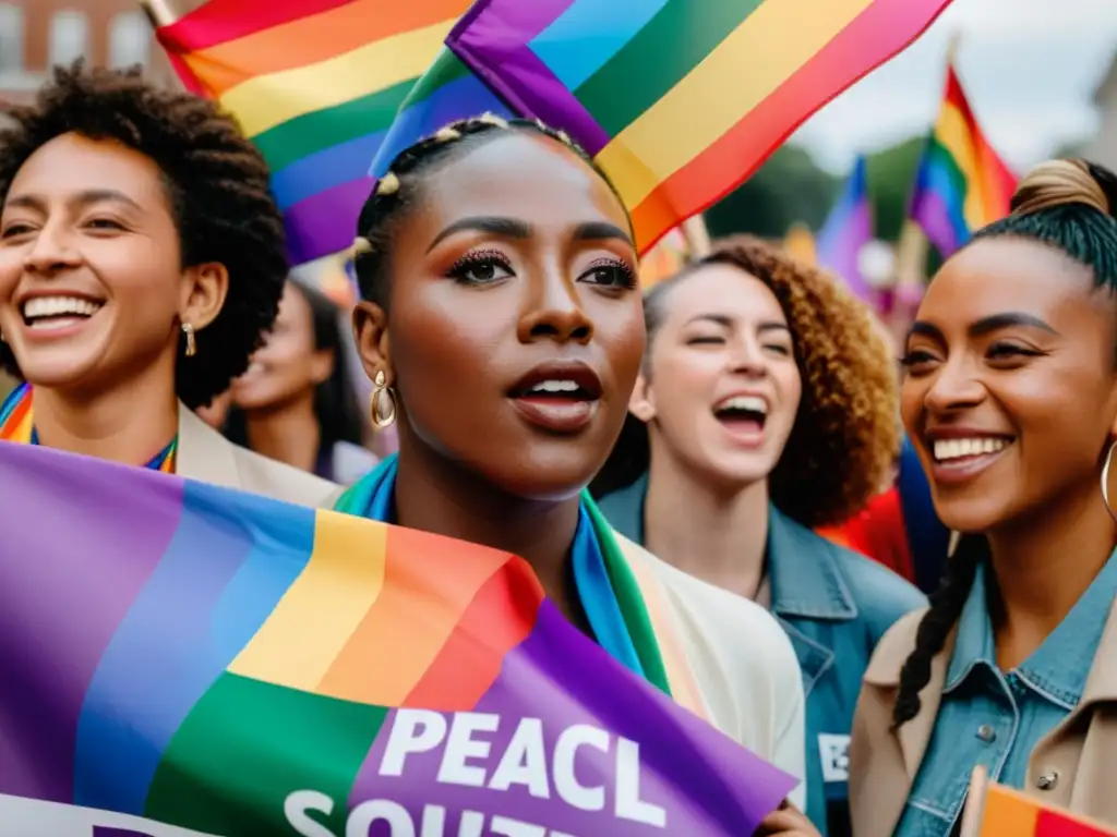 Manifestación pacífica de la comunidad LGBTQ+ con pancartas coloridas en apoyo a la inclusividad y la igualdad