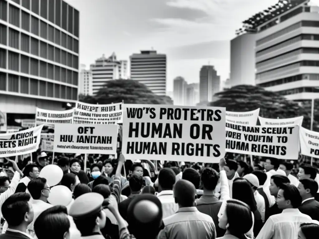 Manifestación pacífica en una concurrida calle de Asia, promoción derechos humanos sudeste asiático