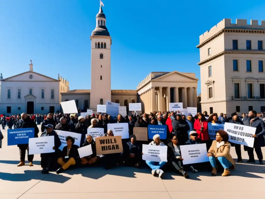 Manifestación pacífica por el derecho de reunión y la seguridad nacional en plaza histórica, con diversidad y unidad en pancartas