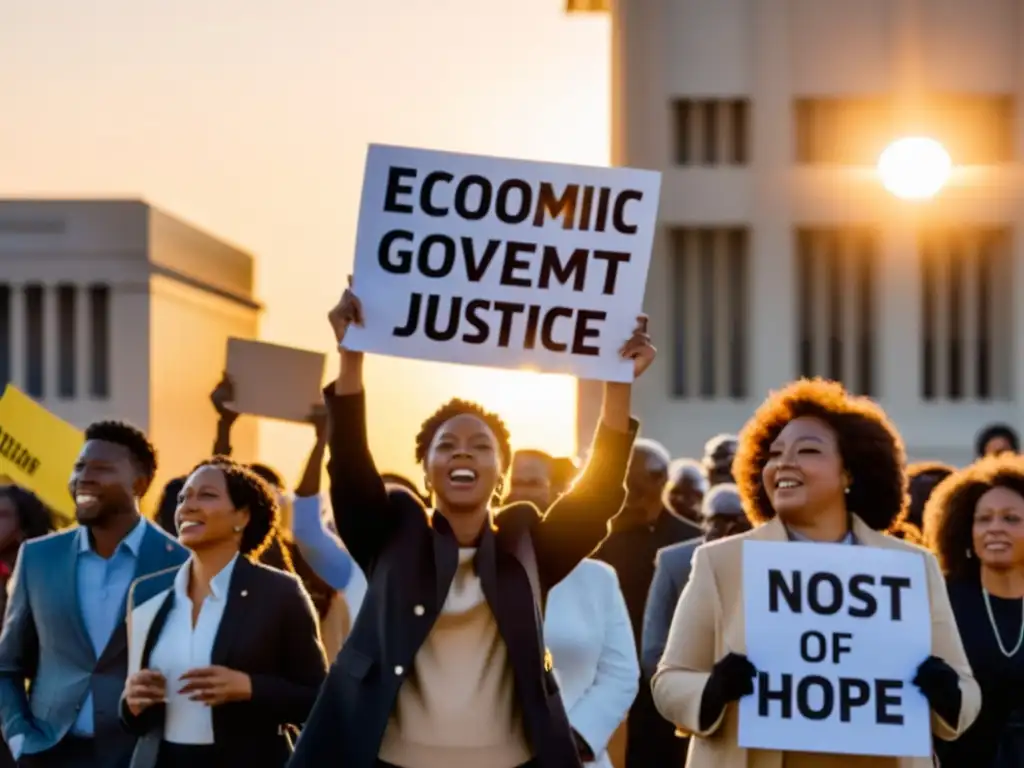 Manifestación pacífica por la Protección de los Derechos Económicos en América, con un cálido atardecer y expresiones de determinación y esperanza