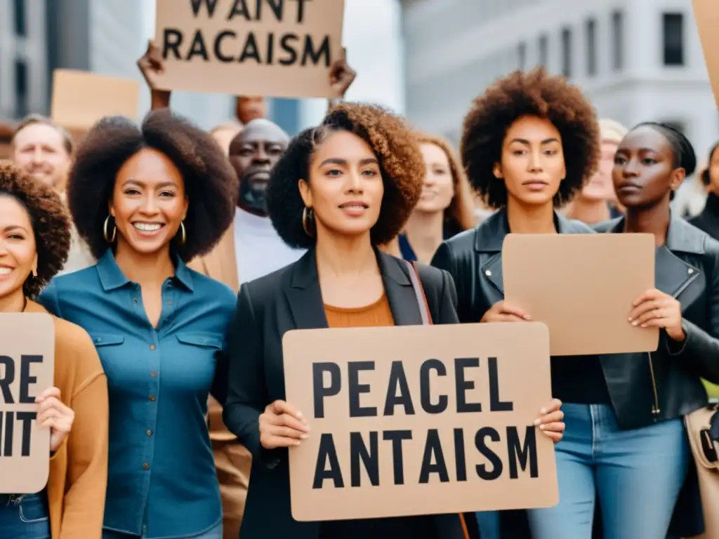 Manifestación pacífica de diversidad étnica en apoyo a los derechos humanos globales y contra el racismo, con expresiones de determinación y unidad