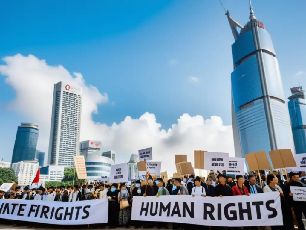 Manifestación pacífica en plaza de Asia, defensa derechos humanos comunidad internacional Asia