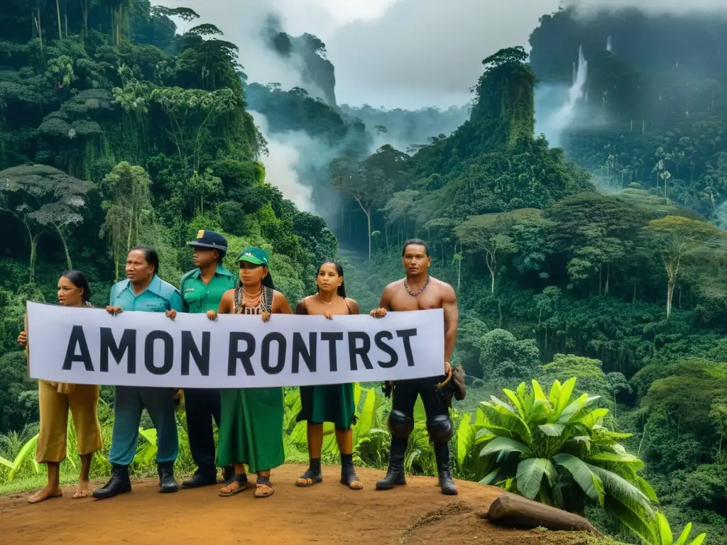 Manifestación pacífica de indígenas frente a la selva amazónica, contrastando con policía