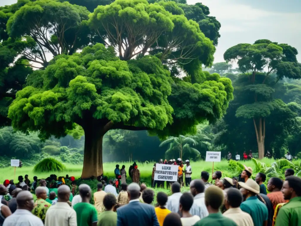 Manifestación pacífica en un parque urbano verde contrasta con la deforestación