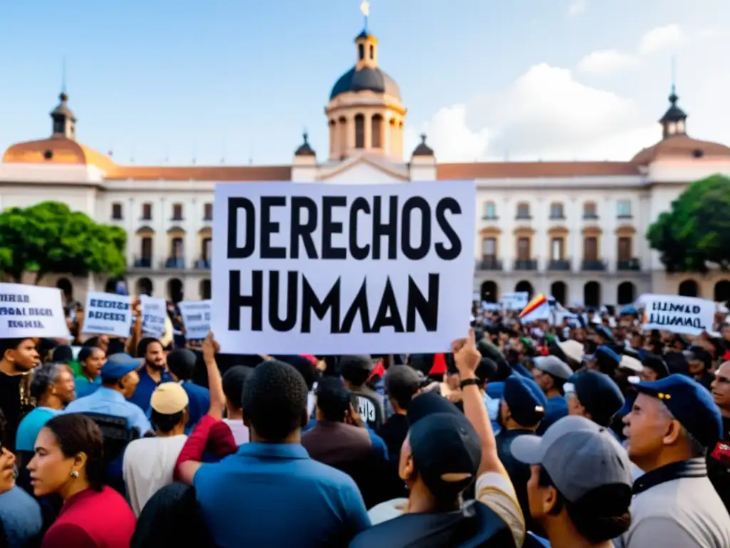 Manifestación pacífica en la plaza de la ciudad, con letreros de 'Derechos Humanos' y 'Libertad Personal