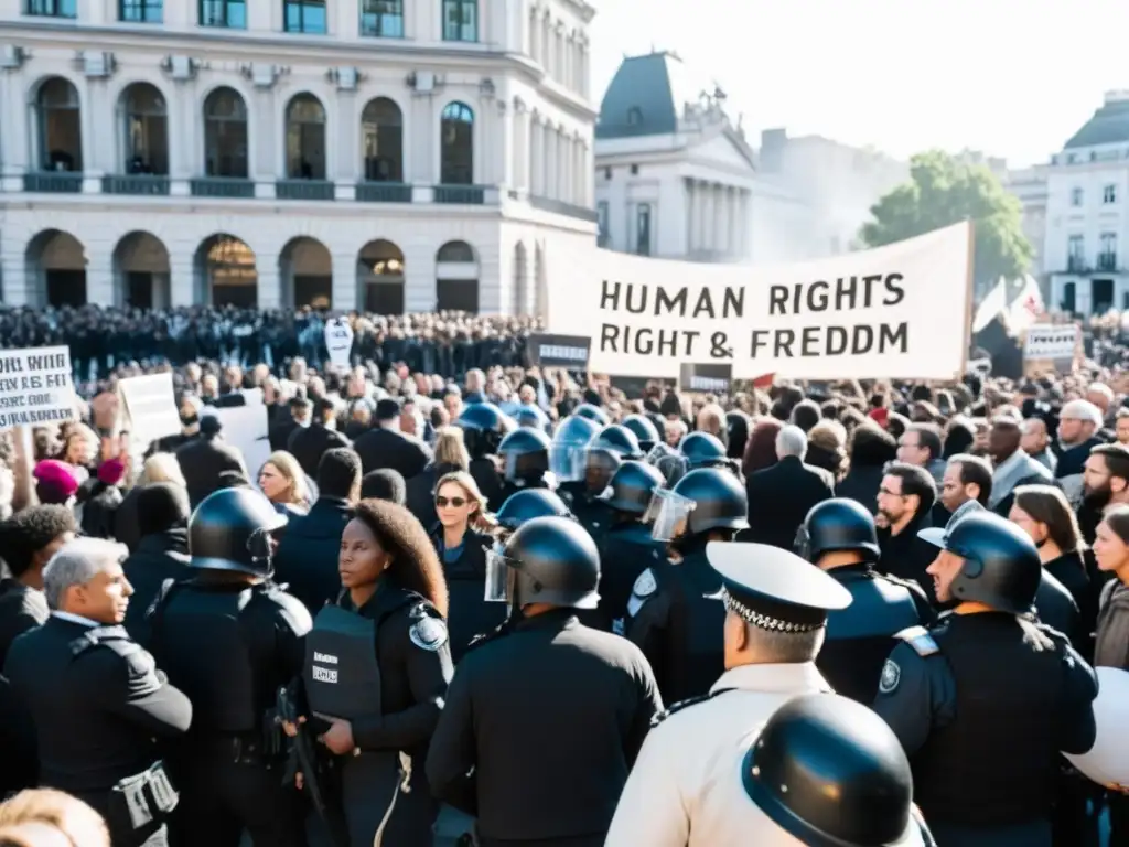 Una manifestación pacífica en una plaza de la ciudad, con pancartas a favor de los derechos humanos