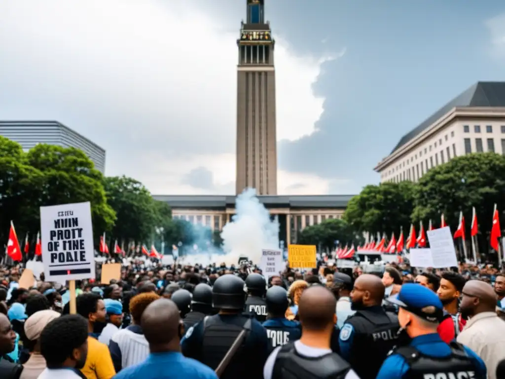 Manifestación pacífica en plaza de ciudad, enfrentando regímenes autoritarios que sofocan libertad expresión