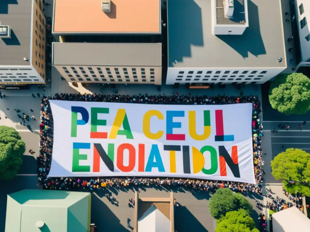 Manifestación pacífica en plaza urbana llena de activistas con carteles en la Convención de Aarhus derechos humanos