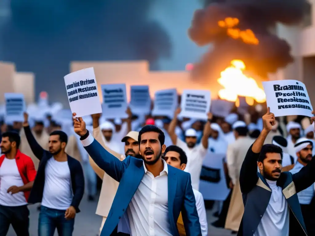 Manifestación pacífica en Bahrein contra la represión política, con protestantes y carteles en las calles