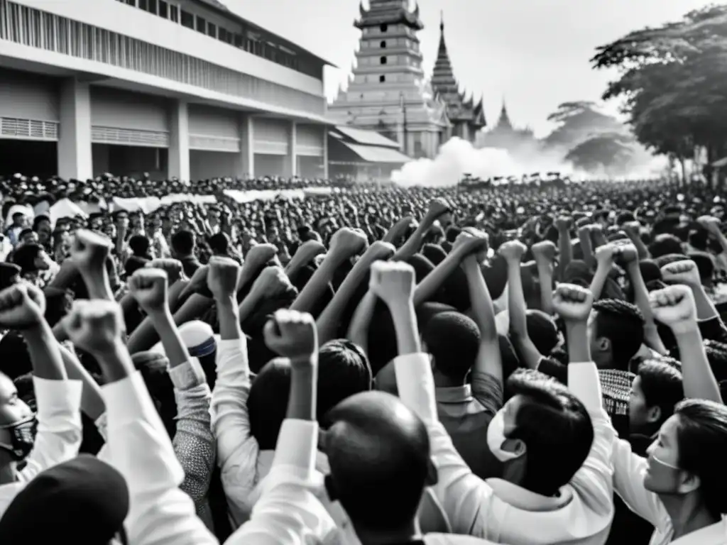 Manifestación pacífica en Myanmar con puños en alto, resistencia y lucha por los derechos humanos bajo la junta militar de Myanmar