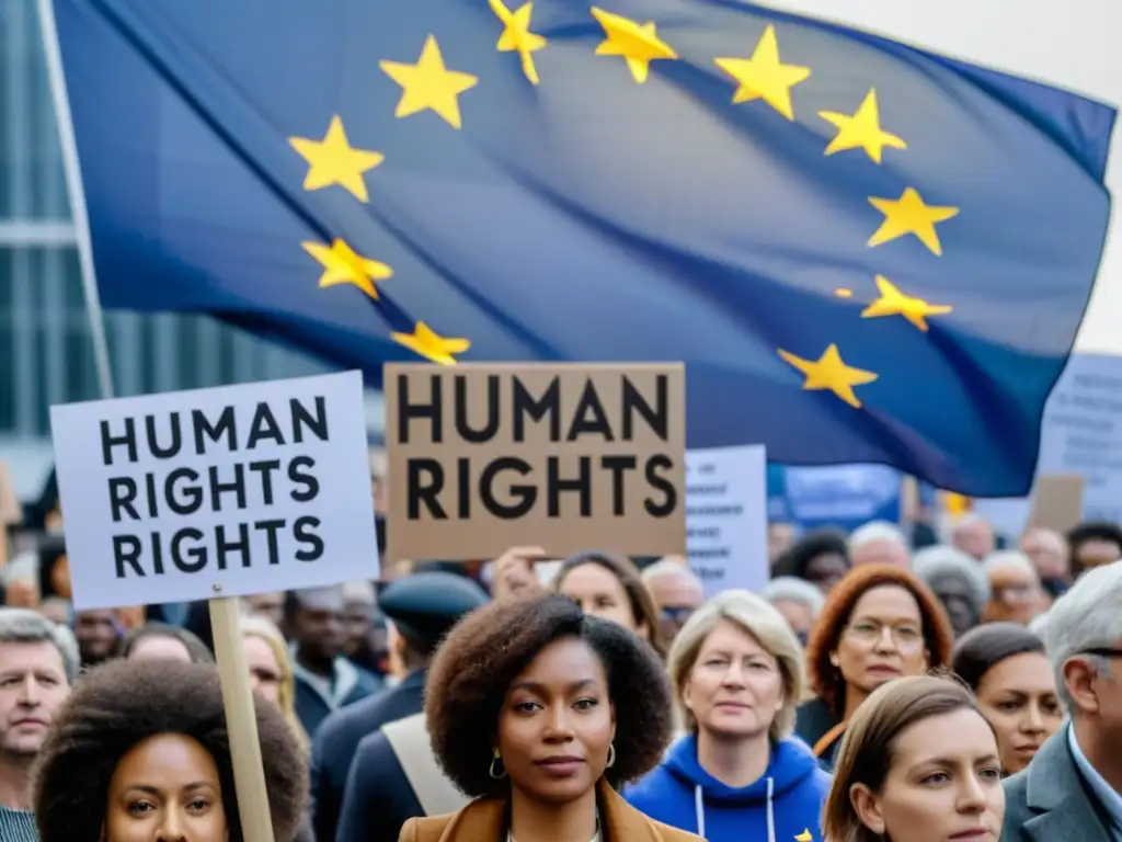 Manifestación pacífica en la sede de la Unión Europea, diversidad de personas abogando por el modelo protección derechos humanos global