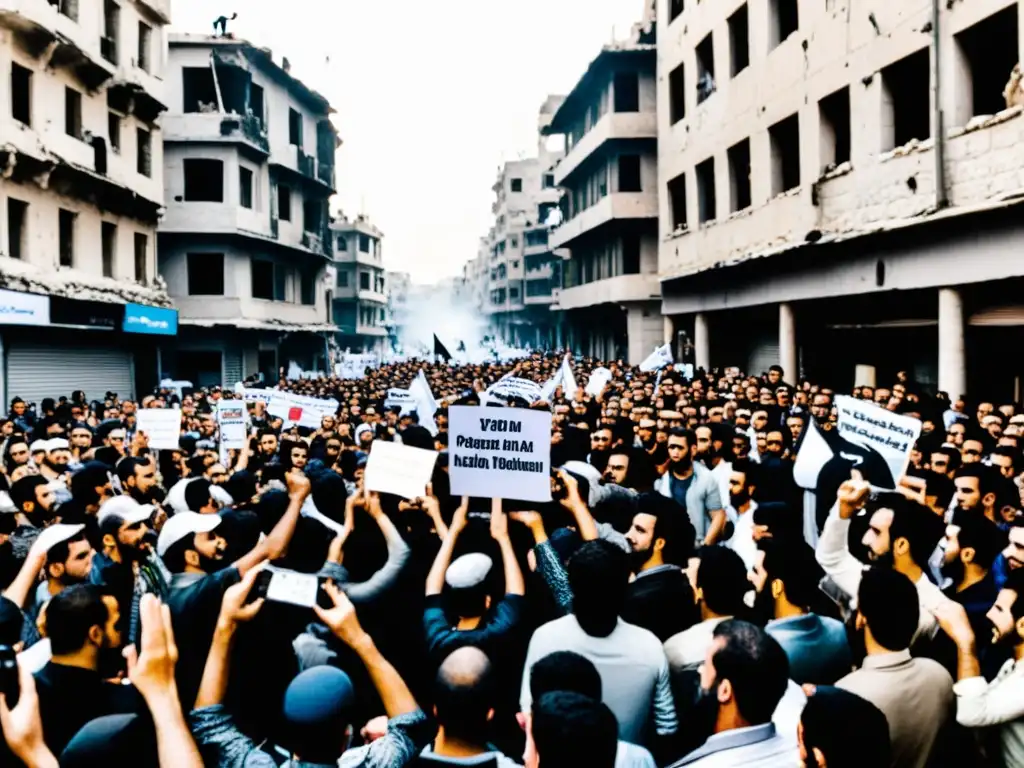 Manifestación pacífica en Siria: rostros determinados y edificios dañados