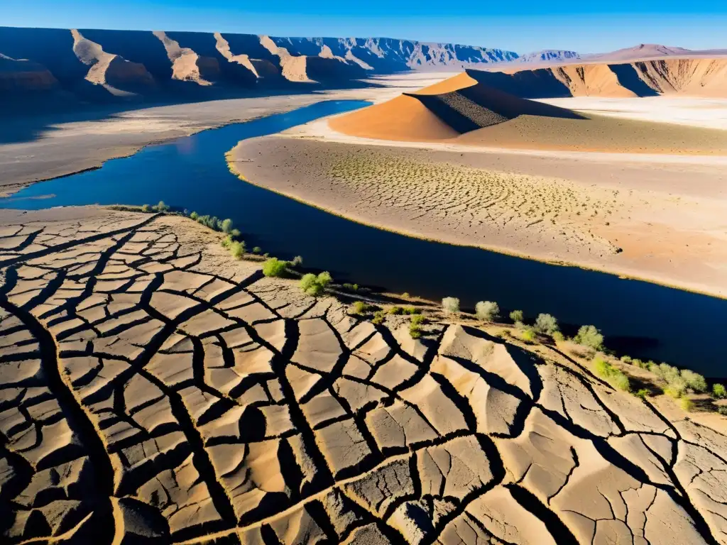 Un paisaje árido y desolado, con un pueblo en ruinas, refleja el impacto del cambio climático en los derechos humanos