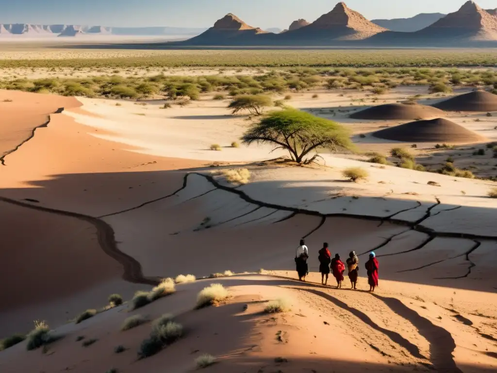 Un paisaje árido se extiende hasta el horizonte, con tierra agrietada y vegetación escasa