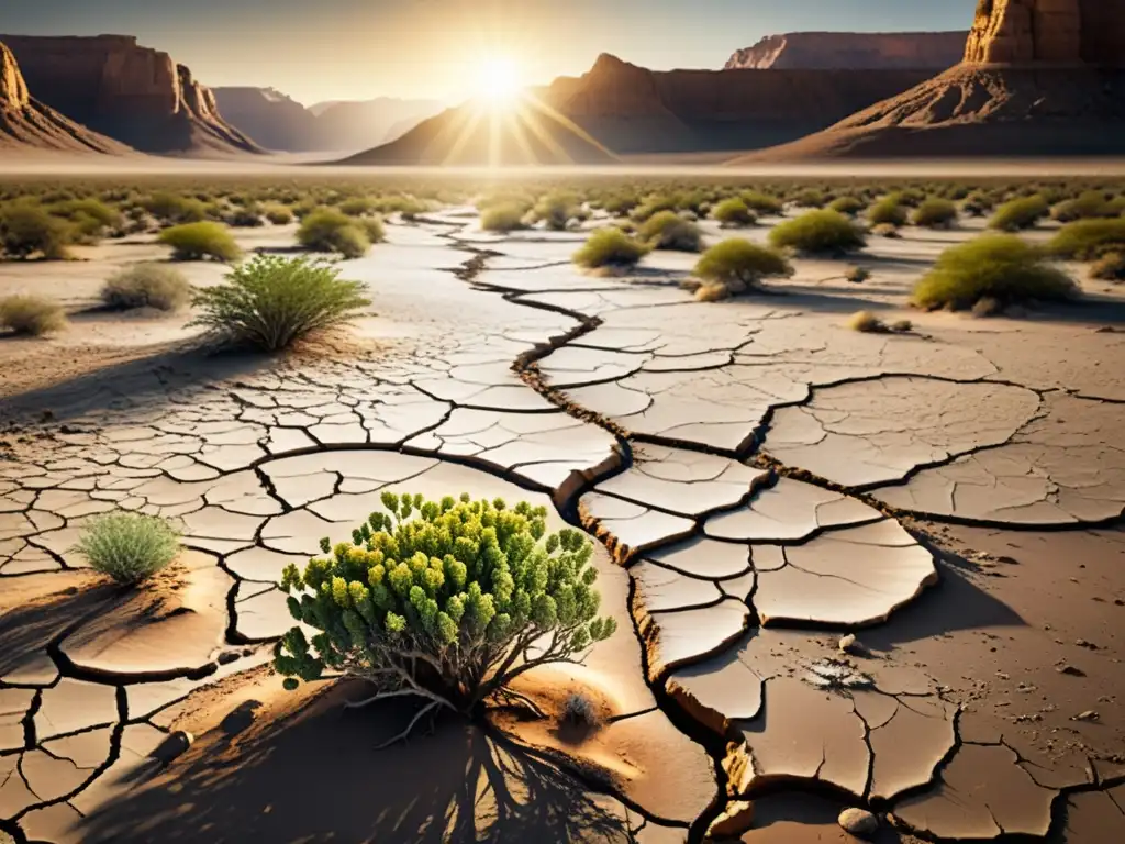 Un paisaje árido con un lecho de río agrietado y plantas luchando por sobrevivir