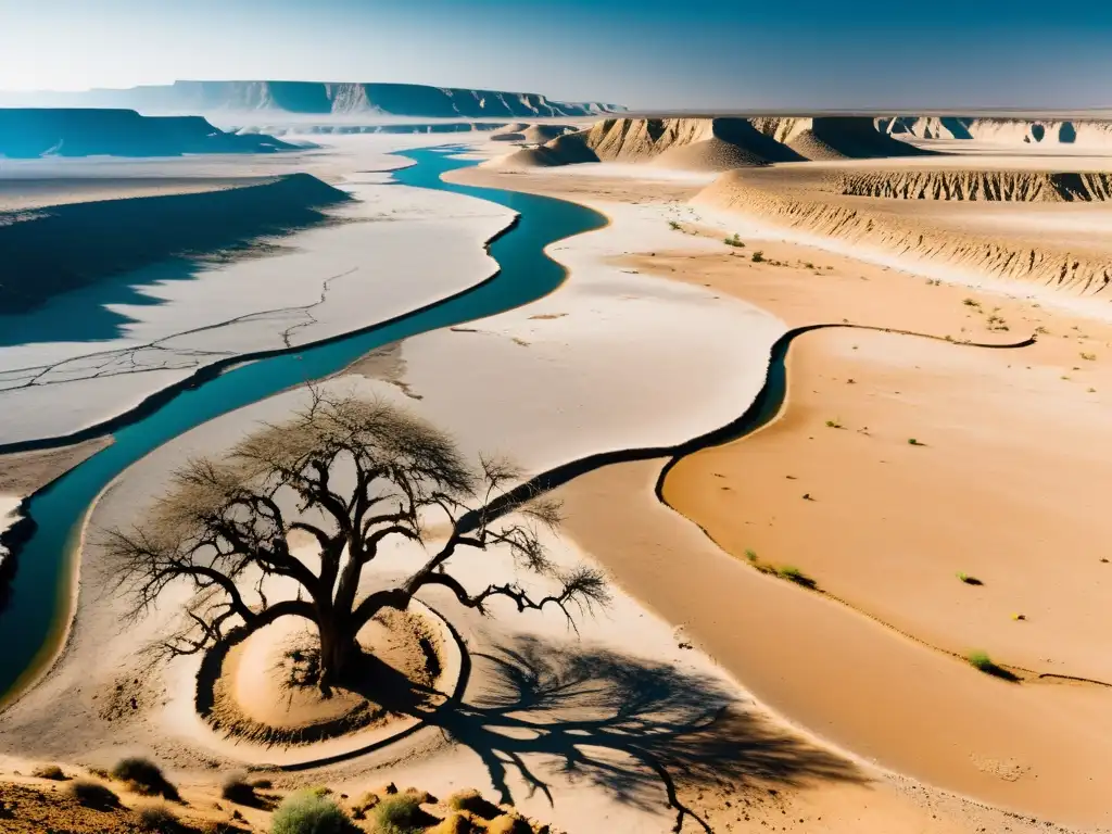 Un paisaje árido muestra un lecho de río seco y árboles marchitos