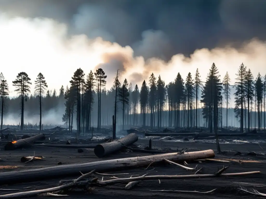 Un paisaje carbonizado y desolado, con árboles humeantes y el impacto ambiental de conflictos olvidados en la naturaleza