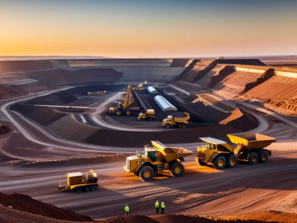 Un paisaje desértico con una mina de uranio a cielo abierto, maquinaria masiva y trabajadores