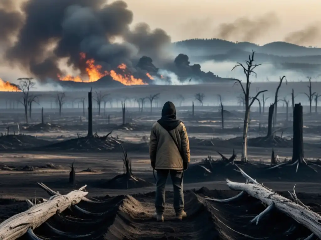 Un paisaje desolado y deforestado con árboles quemados y smog, impacto ambiental de políticas autoritarias