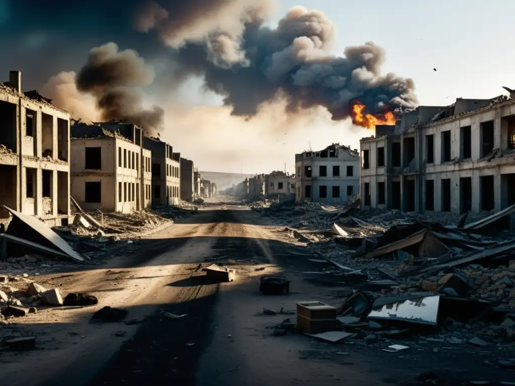Un paisaje desolado y devastado por la guerra, reflejando la impactante realidad de la violencia sexual en zonas de conflicto